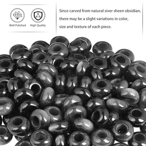 TUMBEELLUWA Natural Gemstone Beads for Jewelry Making, Rondelle Large Hole Loose Beads Pack of 15,Silver Sheen Obsidian(8x14mm) - color: Black