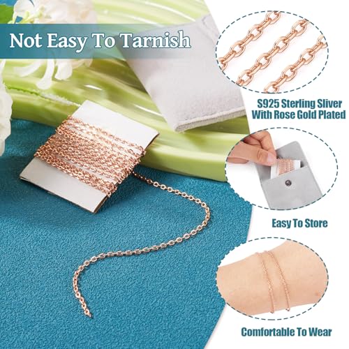 Elecrelive 925 Sterling Silver Cable Chain 3.28 Feet Rose Gold Unwelded Necklace Chains with Jewelry Cleaning Cloth Velvet Storage Bag for Men Women Jewelry Chain DIY Making - color: Rose Gold