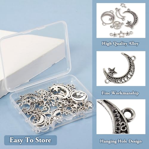 Pandahall 36Pcs Star Connector Charms Pentagram Crescent Moon Links Charm Alloy Tibetan Style Celestial Link Pendants 6 Styles for Jewelry Necklace Bracelet Earrings Craft