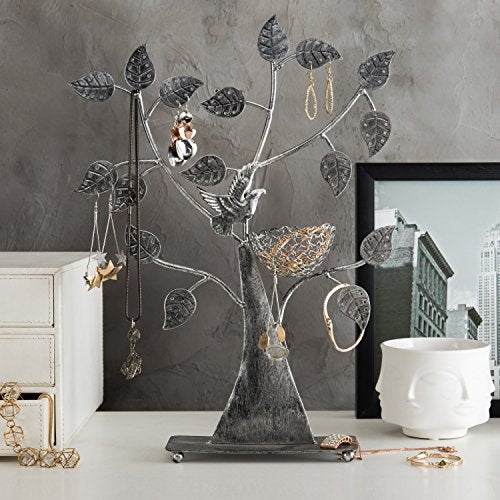 MyGift Silver Metal Jewelry Tree with Bird Nest - Holds up to 48 pair Earrings - color: Silver