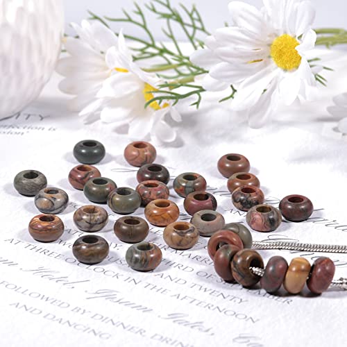 TUMBEELLUWA 40pcs Crystal Stone Large Hole Beads for Jewelry Making Macrame Beads for Hair Braids(14mmx8mm), Tiger's Eye Stone + Rose Quartz + Picasso Jasper + Yellow Jade - color: Brown+Pink+Red+Yellow