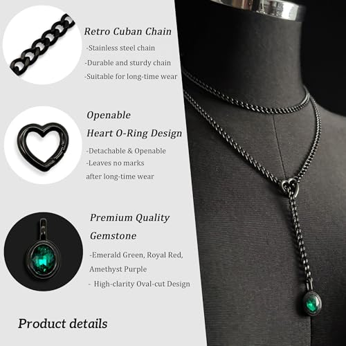 Heart Slip Chain Necklace for Women, 39 Inch Cuban Chain, Removable Heart O-Ring, Crystal Pendant, Adjustable Stainless Steel Y-Necklace - color: Black-Green