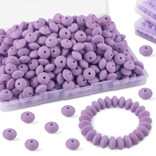 Sunrony 200Pcs Silicone Lentil Beads for Keychain Making, Bulk 12mm Silicone Abacus Spacer Beads for Necklace Bracelet Making Pens(Light Purple) - color: G-Light purple