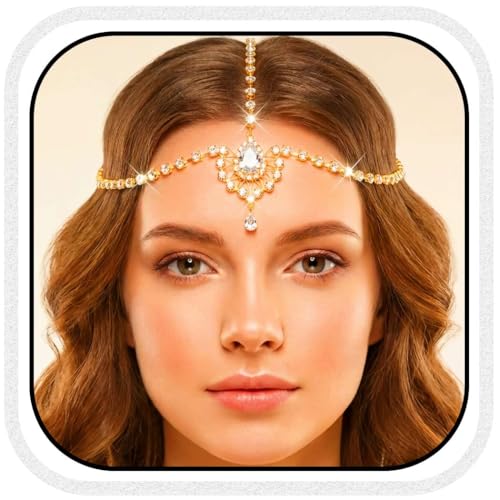 Brishow Crystal Head Chain Jewelry Gold Rhinestone Hair Chain Boho Bridal Headpiece for Women - color: Gold