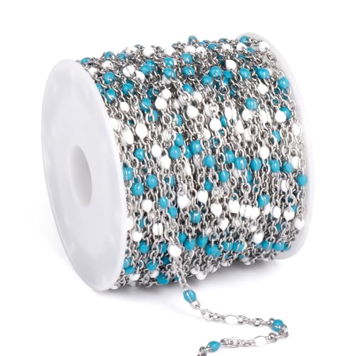 33 Feet Stainless Steel Enamel Chains Bulk, 2mm 304 Stainless Steel Blue White Enamel Beaded Cable Link Chain Roll Spool for Jewelry Making - color: Stainless Steel Blue White Beads