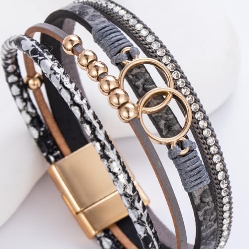 FANCY SHINY Mothers Day Gifts Boho Leather Wrap Bracelet Stackable Infinity Chunky Cuff Bracelets Western Hippie Outfits Jewelry Valentine Gifts for Women - color: Snakeskin Grey