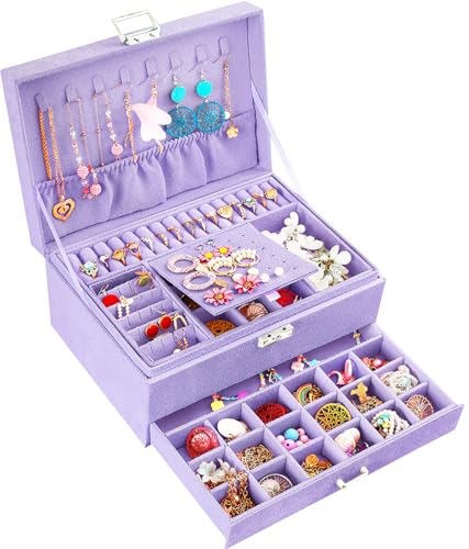 QBestry 3-Layer Jewelry Box for Girls & Teens with Lock and Key, Large Jewelry Organizer with 8 Necklace Hooks & 56 Earring Holes, Violet Velvet Jewelry Storage Box for Necklace Earring Ring Bracelet - color: Violet