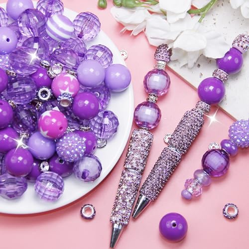 106Pcs 20mm Beads for Pens Making with Rondelle Spacer Beads Purple Acrylic Focal Bubblegum Bead Crystal Round Sparkly Chunky Bead for Pens Beadable Keychain Necklace DIY Craft Jewelry Making Supplies - color: Purple