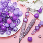 106Pcs 20mm Beads for Pens Making with Rondelle Spacer Beads Purple Acrylic Focal Bubblegum Bead Crystal Round Sparkly Chunky Bead for Pens Beadable Keychain Necklace DIY Craft Jewelry Making Supplies - color: Purple