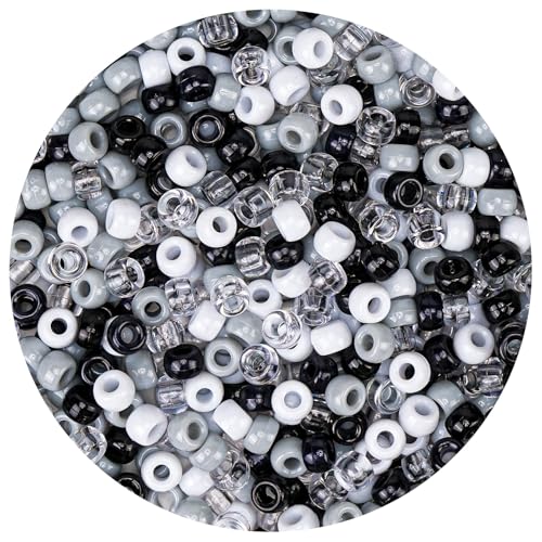1000PCS 6x9mm Pony Beads Bulk – Black, Gray, White Kandi Beads for Bracelets, Hair Braids, Jewelry Making, Crafts – Large Hole Plastic Bead for DIY Kits - color: Neutral