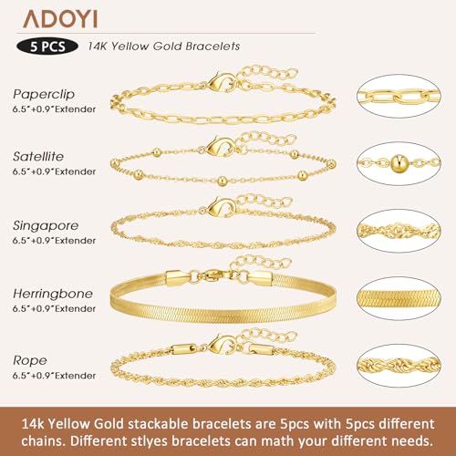 adoyi Gold Bracelets for Women, 14K Gold Plated Stackable Bracelet Stack Set Adjustable Charm Paperclip Chain Cuban Link Layered Waterproof Jewelry Sets Gifts for Womens - color: 5PCS Gold 6.5 IN General Wrist
