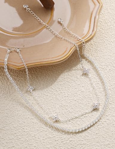 RLMOON Gold Silver Anklets for Women CZ Ankle Bracelet 14K Gold Plated Waterproof Layered Stackable Tennis Dot Chain Anklet Trendy Summer Beach Foot Jewelry - color: A:Flower Anklet Silver