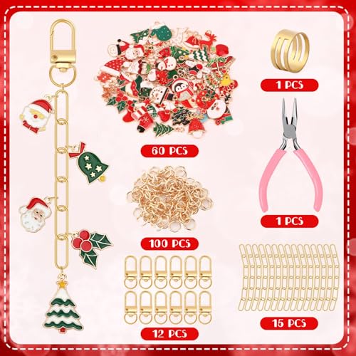 AUGSUN 189Pcs Christmas Keychain Making Kit, Charm Making Crafts Including 60 Christmas Charms 12 Keychain Clips Hooks 15 Extender Chains 100 Jump Ring and Jewelry Plier for Holiday Gifts - style: Christmas
