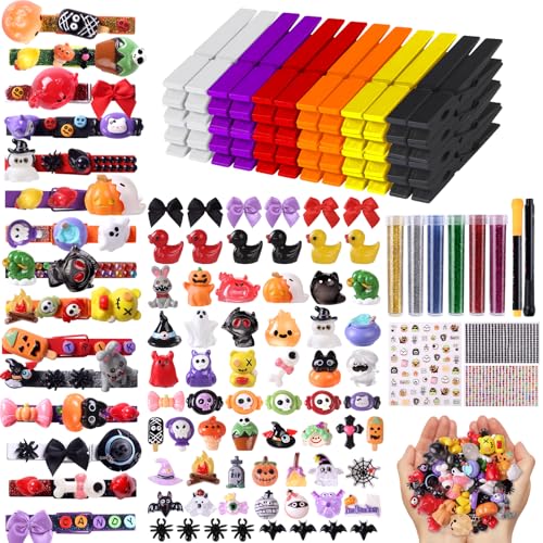 JOICEE 60 Set Halloween Cheer Pins Spirit Clips, 60 Colored Clothes Pins 115 Mini Resin Figures Ornaments Bows and Stickers pens 300 Beads for Halloween Trick or Treat DIY Crafts Gifts Party Favors - color: Halloween