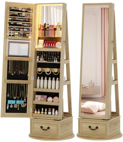 Vlsrka Mirror Jewelry Cabinet Standing, 360° Swivel Jewelry Armoire with Full Length Mirror, Lockable Mirror with Jewelry Storage, 3-Color LED Lights, Foldable Makeup Shelf - color: Natural wood