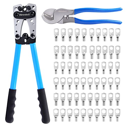 Newdeli Battery Cable Lug Crimping Tool 10-1/0 AWG with Wire Cutter and 60Pcs Copper Ring Terminals 8 Sizes Cable Lugs Set, Heavy Duty Wire Crimper for Battery Wire Terminal - style: Crimper with Cutter and 60Pcs Lugs