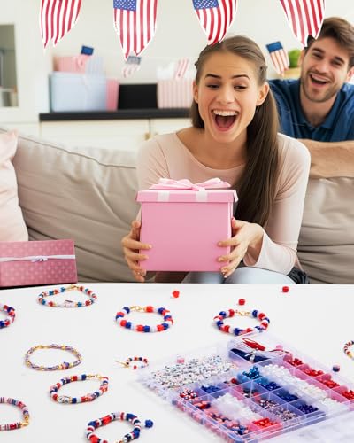 Goldwise 1578Pcs 4th of July Red White Blue Beads Bracelet Making Kit with Clay Seed Plastic Pony Pearl Beads, Patriotic USA Flag Star Beads, Metal Charms Earrings for Jewelry Making - size: 4th of July