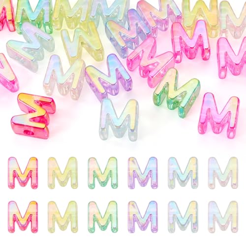 FASHEWELRY 20Pcs Large Hole Acrylic Beads Letter M Iridescent Big Plastic Letter Blocks European Beads Clear 3D Letters Initial Alphabet Bead for Keychains Necklace DIY Arts Craft - color: Random Clear, size: M