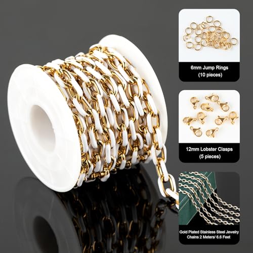 UMAOKANG 2 Meters White Enamel Jewelry Chains Bulk Gold Plated Stainless Steel Chains for Jewelry Making Oil Drip Craft Chain Roll - color: White