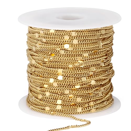 33FT 18K Gold Plated Curb Chains Bulk, 2mm Stainless Steel Flat Satellite Curb Link Chains Roll for Jewelry Making - color: Gold short embossed