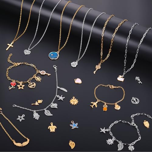 Zefy 18K Gold Silver Chain for Jewelry Making, 19.7ft 6 Rolls Stainless Steel Chains Bulk with 348 Pcs Charms, Jump Rings Lobster Clasps Set for DIY Bracelet Necklace Crafts - size: Medium