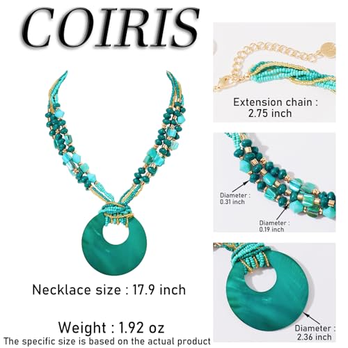 Coiris Shell Pendant Statement Strand Necklace for Women Boho Multi Beads Natural Stone Colorful Necklace Bohemian Handmade Chunky Shell Beaded Collar Jewelry for Women - color: Dark Green