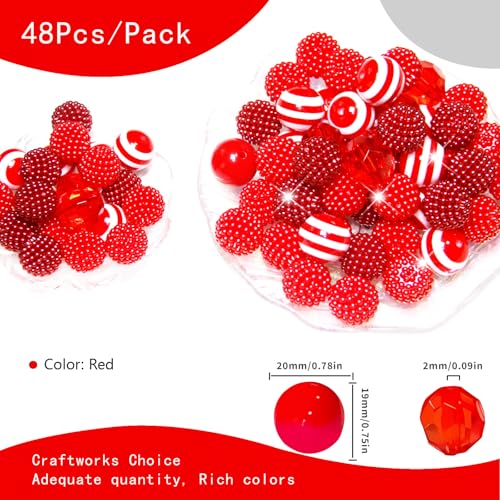 48 Pcs 20mm Beads for Pens Bubblegum Beads Red Crystal Acrylic Round Chunky Beads Sparkly Large Balls Beads for Pen Beadable Keychain Bracelet Necklace DIY Jewelry Making Supplies - color: Red Color