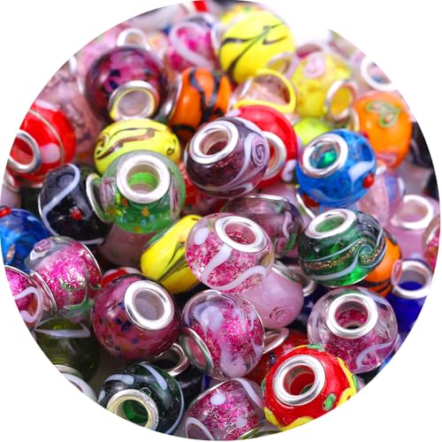 AIPRIDY 50Pcs 15x11mm Murano Large Hole Glass Beads with Silver Brass Cores European Beads for Jewelry Making (Mixed Flower and Color) - color: Mixed Flower and Color