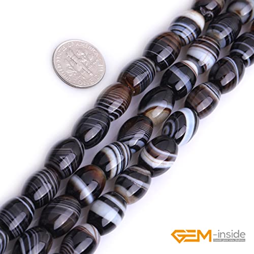 GEM-Inside 10x14mm Natural Black Botswana Onyx Agate Stone Semi Precious Rice Olive Oval Chakras Beads for Jewelry Making DIY Handmade Craft Supplies 15" - size: Black-10x14mm