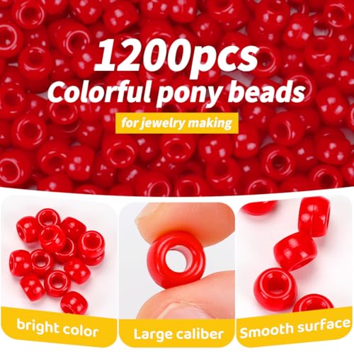 1200pcs Pony Beads Bulk – Red 6x9mm Plastic Craft Beads for Bracelets, Jewelry, Hair Braiding & DIY Projects - color: Red