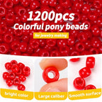 1200pcs Pony Beads Bulk – Red 6x9mm Plastic Craft Beads for Bracelets, Jewelry, Hair Braiding & DIY Projects - color: Red
