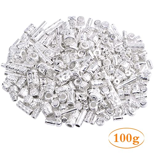 100 Gram Mixed Column Barrel Spacer Beads Vintage Alloy Tube Bar Shape Loose Charm Beads Accessories for DIY Bracelet Necklace Jewelry Making Findings, Bright Silver - color: Bright Silver