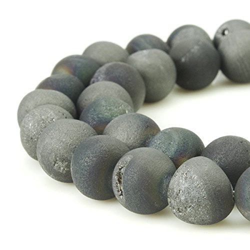 RUBYCA Round Dyed Electroplated Druzy Agate Quartz Crystal Gemstone Beads (1 Strand, Grey, 8mm) - color: Dark Grey, size: 8mm
