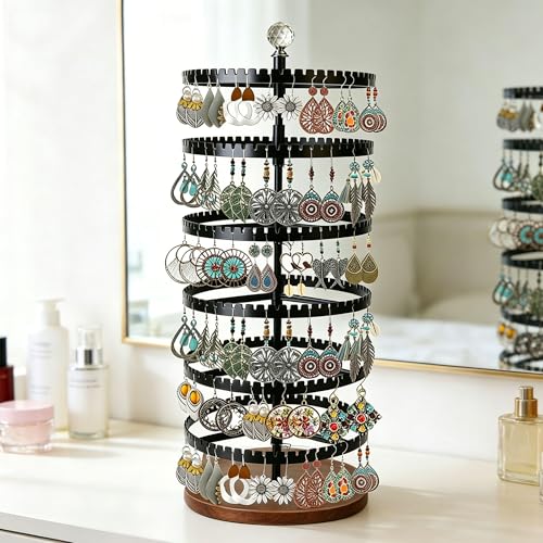 6-story rotating earring rack storage rack, adjustable plastic pendant display rack, 348 grooves on the tree band, large circular storage tower, black wooden disc design - color: B Black