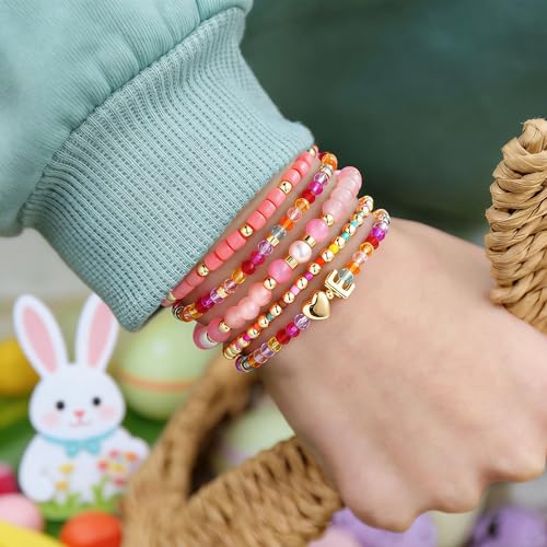Turandoss Mothers Day Gifts for Daughter Teen Girls Kids - 5PCS 14K Gold Plated Dainty Beaded Bracelet Set Stack, Colorful Letter Charm Stretch Bracelets Beads Ball for Teen Daughter Jewelry Gifts - color: S
