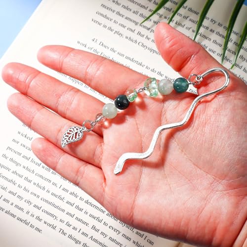 Vintage Metal Leaf Bookmark Pendant with Natural Crystal Bead Chain–Elegant Bookmarks for Women,Men,Book Lovers,Teachers and Students(Green Jade) - style: Leaf