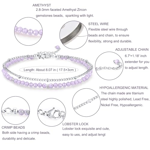 Peridot Stand Silver Gold Bracelets, Handmade Birthstone Stack Bracelet Crystal Gemstones Bead Chain Gift for Women, 8" - color: Silver-02-Feb Amethyst