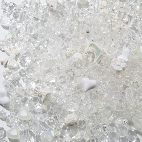 500g Acrylic White Wedding Beads Flower Star Butterfly Candy Acrylic Kawaii Beads for Keychain Bracelets Jewelry Making DIY Plastic Crafts (White) - color: white