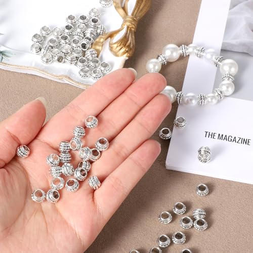 120 Pcs Silver Spacer Beads Tibetan Antique Silver Large Hole Spacers Beads Metal Loose Spacer Bead for DIY Necklace Bracelet Jewelry Crafts Making (8×6mm, Hole:4.5mm)