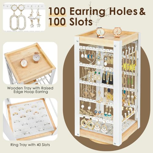 keomaisyto Earring Holder Organizer, Rotating Jewelry Holder with Ring Tray/Bracelet/Necklace Hooks, 360°Earring Organizer with Stable Bamboo Base for Jewelry Display, White - color: White & Grey