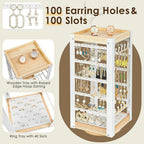 keomaisyto Earring Holder Organizer, Rotating Jewelry Holder with Ring Tray/Bracelet/Necklace Hooks, 360°Earring Organizer with Stable Bamboo Base for Jewelry Display, White - color: White & Grey