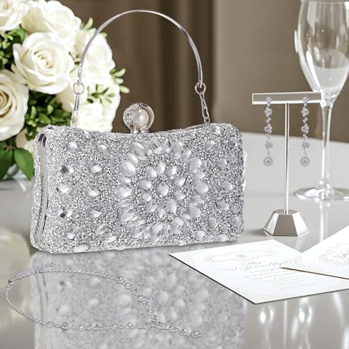 Quelay 4 Pcs Purse Rhinestone Jewelry Set Evening Clutch Bag Bling Crystal Necklace Dangle Earrings Bracelets Accessories - color: Silver, size: Groovy Style