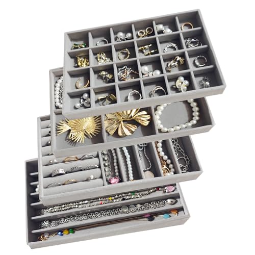 Stackable Jewelry Trays Organizer for Drawer Set of 4 – Velvet Drawer Inserts Organizer Jewelry Organizers and Display Set for Earrings, Rings, Necklaces, Bracelets (Gray) - color: Gray