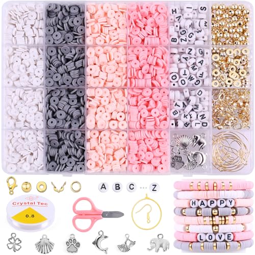 Wuollgess 3500 PCS Pink Gray Clay Beads for Bracelet Making Kit, Polymer Heishi Beads for Jewelry Making, Friendship Bracelet Kit for Adults, Spacer Letter Beads for Necklace Earring DIY - color: Pink& Gray