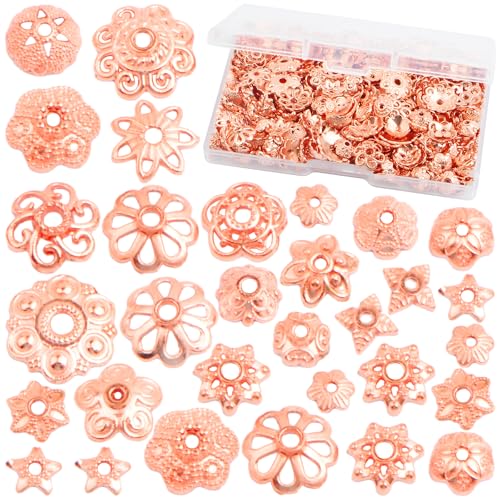 120 Gram Rose Golden Flower End Caps Cone Bead Caps Mixed Styles Spacer Beads Accessories with a Box for DIY Bracelet Necklace Crafts Jewelry Making - color: Rose Golden