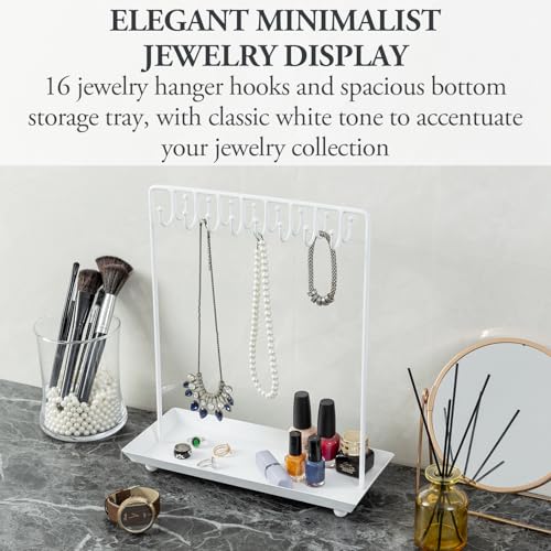 MyGift White Metal Jewelry Organizer Stand for Necklaces with 20 Hooks and Ring Tray - color: White