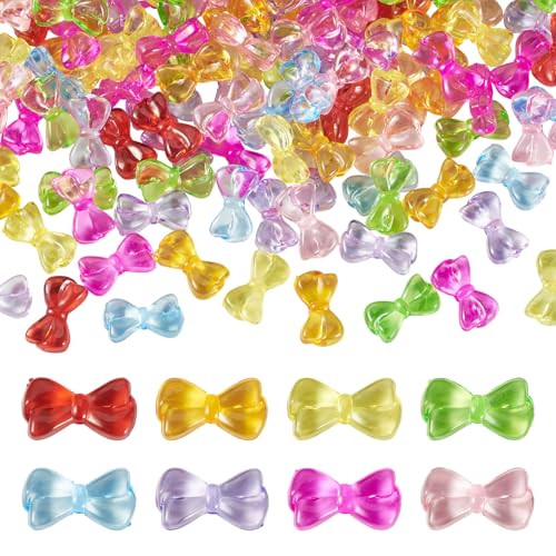 FASHEWELRY 150Pcs Clear Acrylic Bow Beads, Mixed Color Gummy Bow Beads for Bracelet, 3D Cute Bowknot Focal Bead for Necklace Jewelry Making DIY Crafts Beadable Pens Keychain - color: Gummy Color