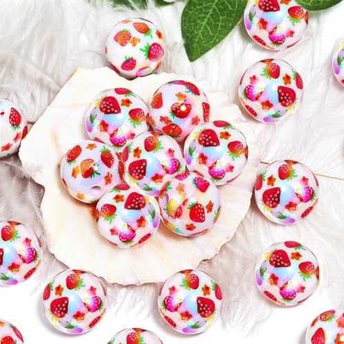 15Pcs Acrylic Beads Round 16mm Strawberry Print Fit for DIY Jewelry Bracelet Necklace Keychain Beadable Pens Mobile Phone Chain Making Cute (Strawberry) - color: Strawberry-White