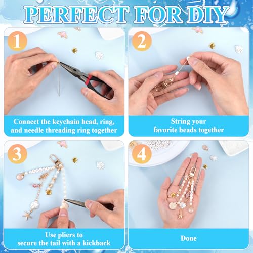 Supkiir 778 Pcs Seashell Keychain Making Kit, Ocean DIY Craft Keychain Supplies with 3 Jewelry Plier, Seashell Bag Charm Sea Horse Starfish Charm Iron Clasp Chain for Oceanic Purse Charms
