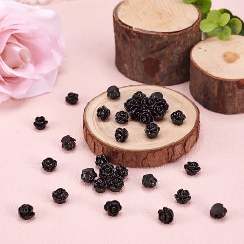 Beadthoven 50pcs Handmade Flat Base Opaque Resin Black Rose Flower Beads for DIY Beading Jewelry Making Necklace Bracelet Earring Supplies 9x7mm Hole: 1mm - color: Black Rose#9x7mm